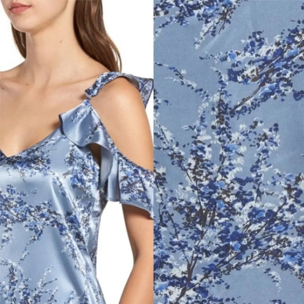 WAYF Quinn Floral Satin Midi Slip Dress Cold Shoulder Side Slit Ruffles Blue S